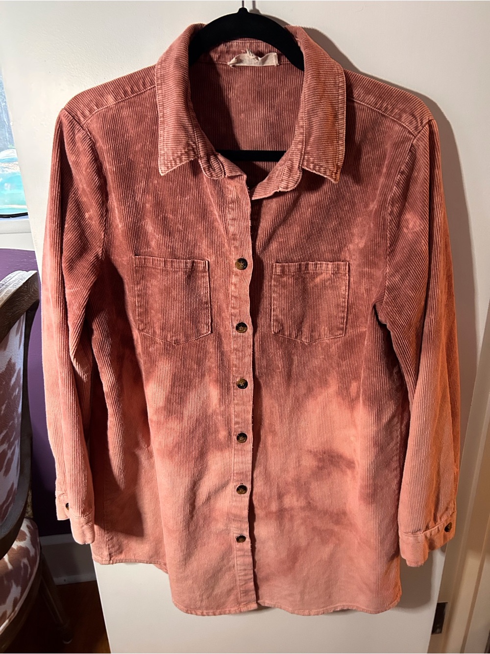 Peach Love California Washed Corduroy Shirt Jacket in Dusty Pink